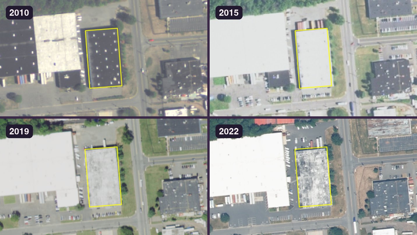 NAIP aerial images of one warehouse candidate in 2010, 2015, 2019, and 2022, with its building footprint outlined in yellow